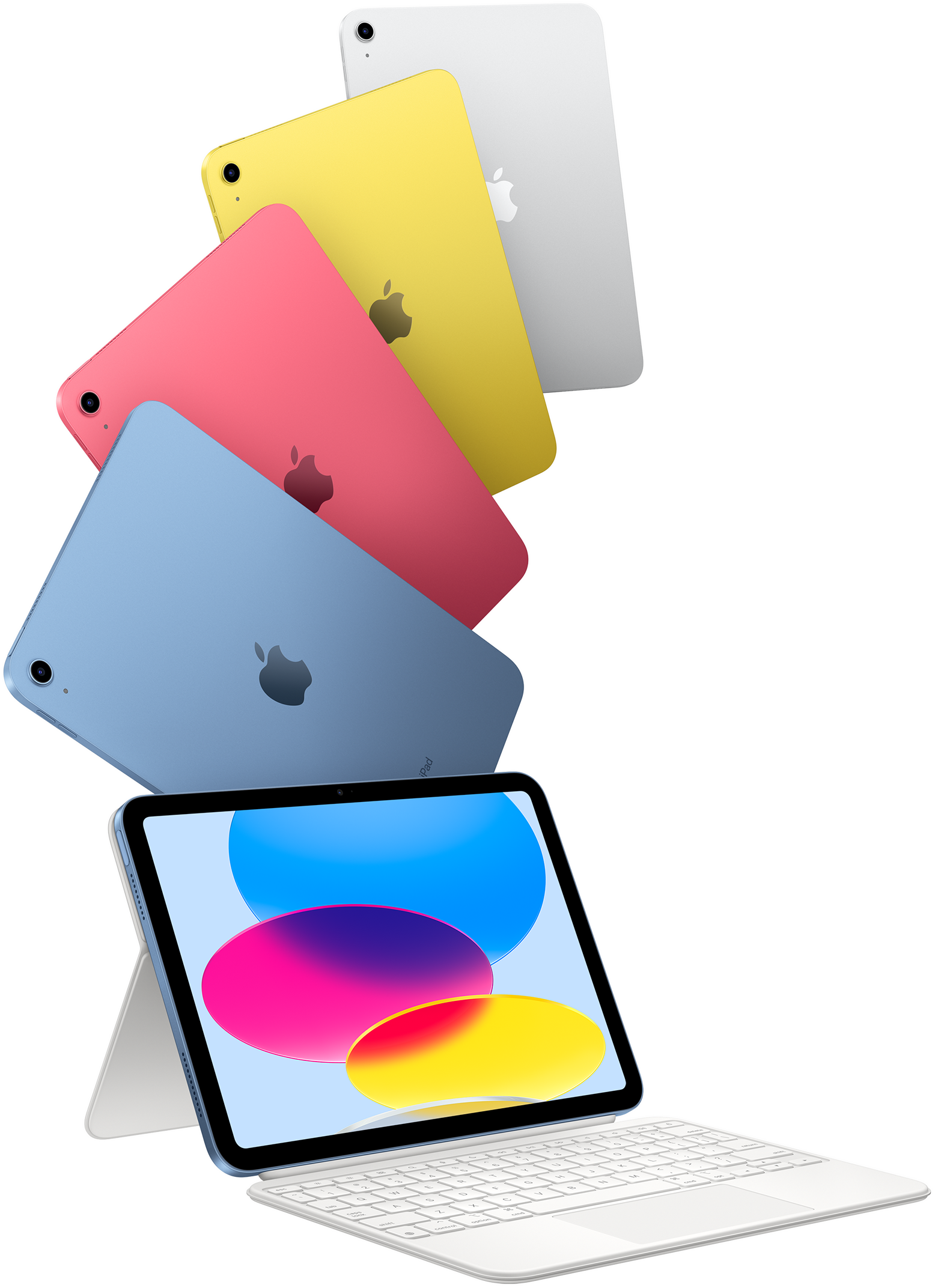 iPad in blue, pink, yellow and silver colours and one iPad attached to the Magic Keyboard Folio.