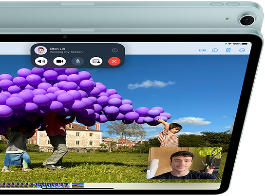 iPad Air with 12MP Ultra Wide front camera showing SharePlay feature in FaceTime