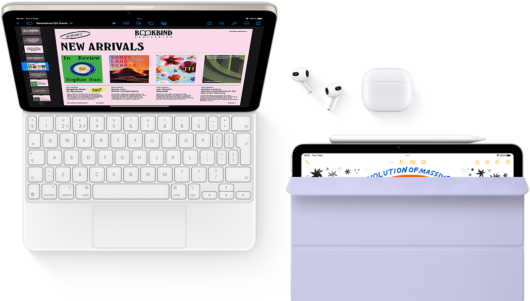 iPad Air attached to Magic Keyboard, with Airpods Pro, Apple Pencil Pro, and Smart Folio accessories