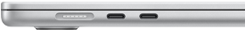 MagSafe port located on the left side, furthest back. Two Thunderbolt ports located on the left side, in front of the MagSafe port