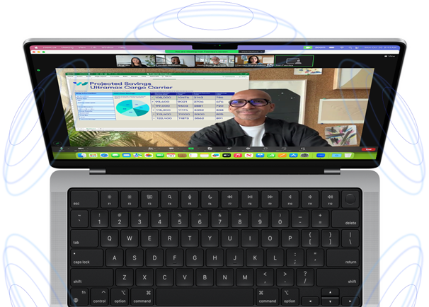 MacBook Pro surrounded by illustrations of blue circles to suggest the 3D feeling of Spatial Audio — onscreen, a person uses the Presenter Overlay feature in a Zoom video meeting to appear in front of the content they are presenting