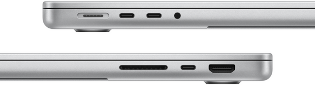 Side view of 14-inch MacBook Pro with M3 Pro chip showing ports: left side, MagSafe port, two Thunderbolt 4 ports and headphone jack; right side, SDXC card slot, one Thunderbolt 4 port and HDMI port