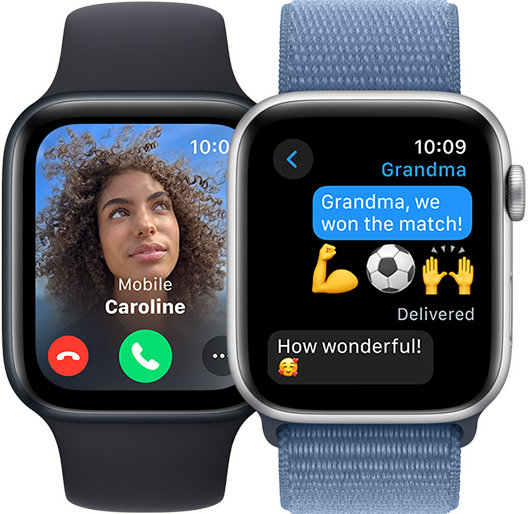 Two Apple Watch SE screens. One displaying an incoming call. The other a Messages thread.