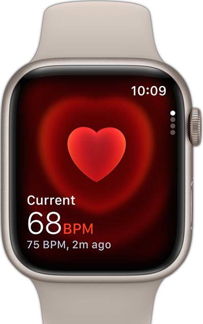 A front view of Apple Watch showing someone’s heart rate.