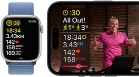 Workout metrics shown on Apple Watch and an Apple Fitness+ workout on iPhone