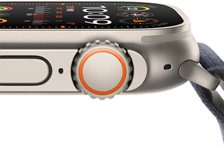 Apple Watch Ultra 2 showing rugged titanium case, flat display, digital crown and side button